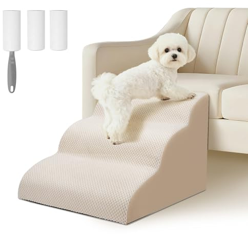 Ezvsevuo Scale per Cani di Piccola 3 Gradini, Rampa per Cani con Rimovibile Lavabile Copertura, Scala per Gatti per Divano e Letto, Beige