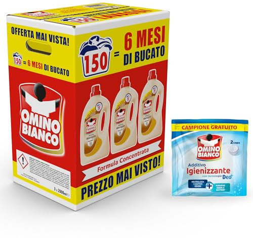 Omino Bianco - Detersivo Lavatrice Liquido, 150 Lavaggi, Rispetta Colori e Tessuti, Fresco Profumo con Essenza Cuore di Marsiglia, 2000 ml x 3 + Campione di Additivo Lavatrice Igienizzante Idrocaps