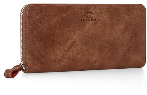 BROWN BEAR Geldbörse lang Leder Reißverschluss mit Münzfach - BB Conny HBR | Echtleder Braun Whiskey Vintage Portemonnaie RFID-Schutz für Damen & Herren Portmonee groß viele Fächer Unisex Geldbeutel