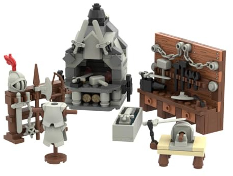 BlocteckToy Mittelalterliche Schmiede, 200 Stück Klemmbausteine Eisenschmelzofen Waffenständer und Werkzeugbank Bausteine MOC Set für Erwachsene Kompatibel mit 21325