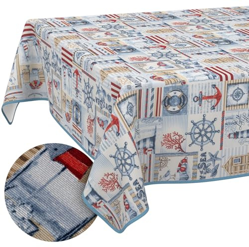 ANRO Tischdecke abwaschbar Maritim mit Saum 180x140 cm Tischwäsche | mit Saum eingefasst – schmutz- & wasserabweisend, pflegeleicht – waschbar bei 30 °C – ideal für Garten, Terrasse & Esszimmer