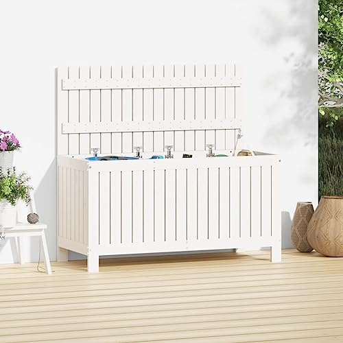 Mokuyary Trädgårdskista, vit, 115 x 49 x 60 cm, massivt trä, förvaringslåda, dynlåda, trädgårdslåda för trädgård, terrass, balkong, trädgårdsredskap, pooltillbehör