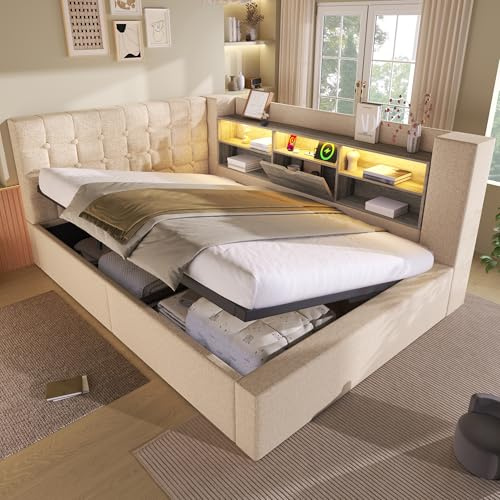 Daybett Schlafsofa 140x190 mit LED, Staufächern und hydraulisch Stauraum | Jugendbett Tagesbett mit Lattenrost, Gästebett, Bettgestell, Leinen, ohne Matratze, Beige