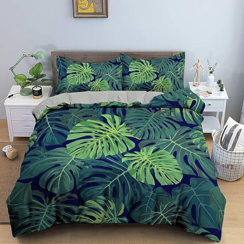 TACOKI Copripiumino Singolo Monstera Deliziosa Reversibile, Set di Biancheria da Letto Monstera Deliziosa in Microfibra Morbido 3 Pezzi Copri Piumino 150x200 con Federe, Copripiumino 3D 4322a