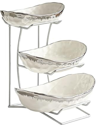 Kiss Me 3 Tier Fruit Bowl Ceramic Food Basket with Metal Stand for Counter | 3 Tier Design For Fruit Storage, Snack, Nuts, Cake, Dessert, Party, Wedding Holder(3-Tier Silver)
