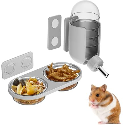 Magnetic Hamsters Feeding Set Freestanding Water Bottle Food Bowl for Glass Tanks, Suitable for Syrian Dwarf Hamsters Gerbils Mice Rats Degus (Gray, Magnetic-Mounted)