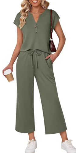 OLIPHEE Tuta Donna Estivi Lounge Set 2 Pezzi con Tshirt Scollo a V e Pantaloni Jogging Completi Donna Spiaggia Vacanza Outfit Sportivi Yoga Fitness Primavera Tracksuit Palestra Ginnastica Verde M
