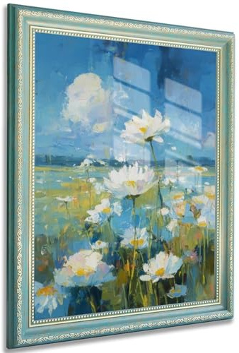 White Wildflower Meadow Wall Art, Blue Floral Landscape Canvas Print, Impressionist Field Flower Painting, Serene Nature Decor for Bedroom Living Room 12 L x 16 W