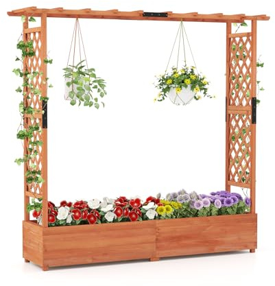 HOMASIS Jardinière Surélevée avec 2 Treillis et Toit Plat, Jardiniere Exterieur Grande Taille en Bois avec Trou Drainage pour Plante Grimpante, Lit de Jardin sur Pieds pour Légumes Fleurs (Orange)