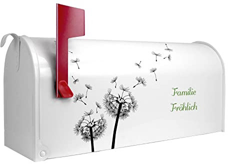 banjado® Amerikanischer Briefkasten - US Mailbox/Letterbox mit Motiv WT Pusteblume 2 51x22x17cm - Postkasten Stahl aus Amerika – Briefkasten amerikanisch weiß pulverbeschichtet