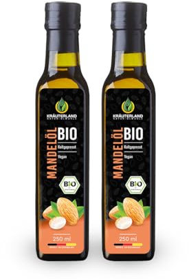 Kräuterland Bio Mandelöl 500ml - 2x 250ml Mandel Bio-Speiseöl, kaltgepresst, naturrein, vegan - zum Kochen, Backen, für Salate & Desserts - auch zur Haut- und Haarpflege