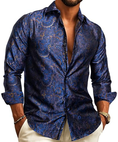 Barry.Wang Men Dress Shirts Paisley Silk Long Sleeve Button Big and Tall Down Shirt Fashion Leisure Wedding Party Prom Blue S-3XL