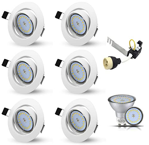 Allesgute 6 x 5 W Deckeneinbauleuchten, 30° neigbar, GU10, mattweiß, LED-Downlights, Decke, 240 V, Warmweiß, 3000 K, Ausschnitt Ø70-80 mm