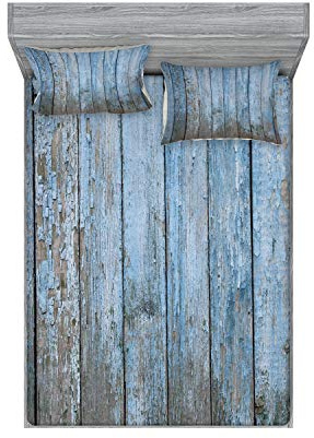 Ambesonne Fence Fitted Sheet & Pillow Sham Set, Old Painted Rustic Wooden Planks Vintage Naturally Weathered Destruction, Decorative Printed 3 Piece Bedding Decor Set, Queen, Pale Azure Blue Dust