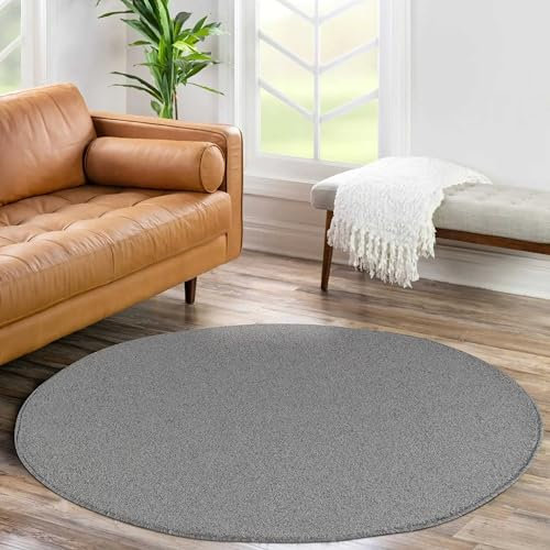 HomebyHome Teppich Wohnzimmer 160 cm Rund Hellgrau Einfarbig Design - Schlafzimmer Teppich Kurzflor Extra Weich Pflegeleicht Gabbeh Optik Teppiche für Küche Esszimmer Jugendzimmer Kinderzimmer