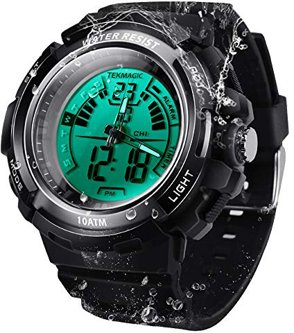 Schwimmuhr Taucheruhr für Männer und Jungen 10 ATM Wasserdicht mit Stoppuhr, Wecker und Doppelte Zeitzonenanzeige Funktionen, 12/24 Stunden Format Wählbar, blacks, Band