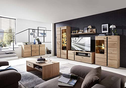 Wohnwand Santos in Altesche massiv gebürstet, Old Artisan Oak Nb. Absetzung in schwarz matt Wohnzimmerschrank inkl. LED-Beleuchtung in verschiedenen Varianten (Wohnwand + Couchtisch + Sideboard)