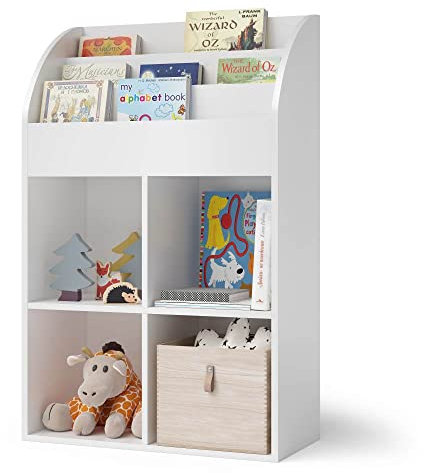 Bellabino Kinderregal Koro, Bücherregal für Kinder, Spielzeug Aufbewahrung, 3 Fächern für Bücher und 4 Fächern für Boxen, weiß