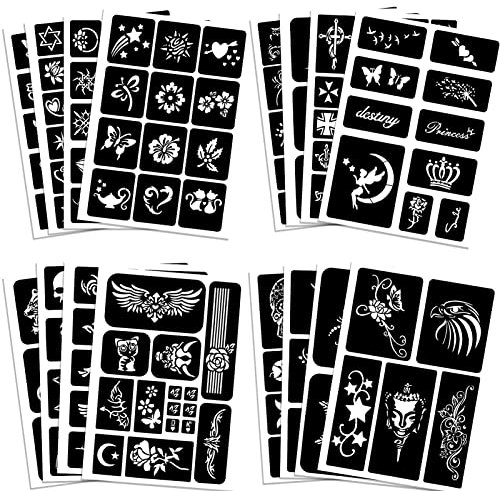 Qpout Stencil per Tatuaggi - 16 Fogli all'hennè per Bambini e Adulti, Disegni Piccoli e Grandi per Men and Women