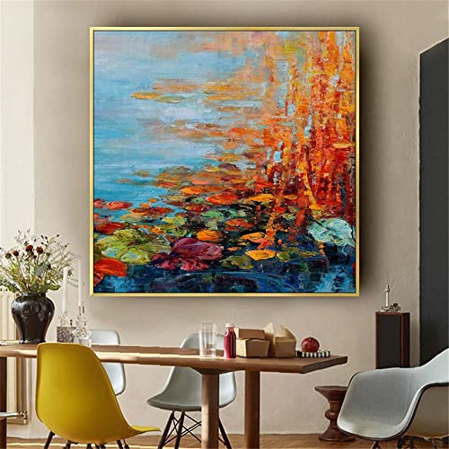 Ölbilder Auf Leinwand Handgemalt,Moderne Abstrakte Kunst Acrylmalerei 100% Handgemalte Herbstlandschaft Mit Lotusteich Kunstwerk Extra Große Wandkunst Rahmenlose Coole Gemälde Wohnkultur Für Wohn