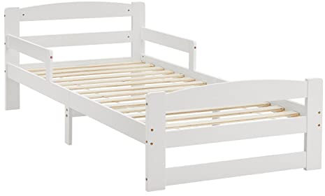 Juskys Jugendbett Arona 90x200 cm mit Lattenrost - Bettgestell aus Massivholz - Einzelbett mit Rausfallschutz - Stauraum unter dem Bett - Weiß
