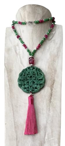 Anhur Collar Colgante De Jade Verde con Ágatas Naturales en Verde Rosa Fucsia Coral Collar Mujer Largo. con Borlón Exclusivo Boho