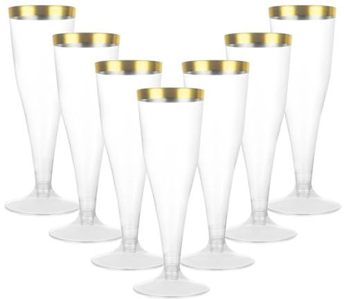 AKOLAFE Lot de 100 flûtes à champagne en plastique transparent de 127,6 g avec bord doré réutilisables pour Noël, fêtes, mariages et usage quotidien