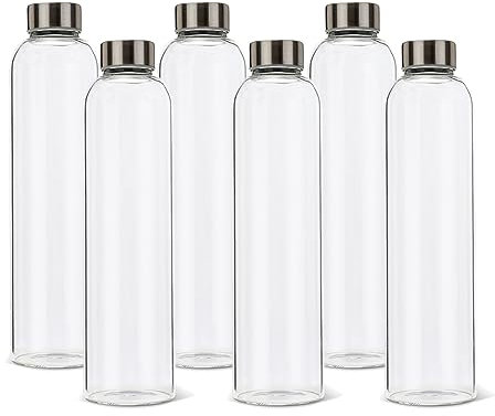 BrandPrint Bottiglia in Vetro Borosilicato Modello Eos da 1Lt, con Tappo a Vite. Set da 6 bottiglie. Per Acqua, Bevande e Succhi.Tappi, colore ARGENTO, Inclusi.