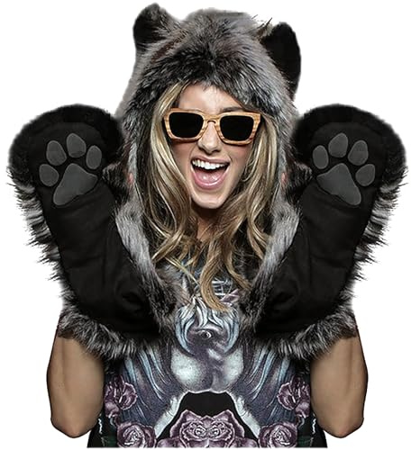 Sombrero de invierno de piel sintética esponjosa con capucha de animales peludos con orejas, bufanda, huellas de patas, guantes de bolsillo, guantes 3 en 1, Gris (Grey Wolf), Talla Única