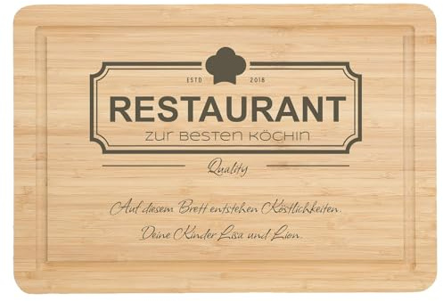 Individuelles Schneidebrett mit Gravur aus Bambus Personalisiert mit Namen Hochwertiges Holzbrett mit Saftrille fürs Grillen und für die Küche - Motiv: Restaurant
