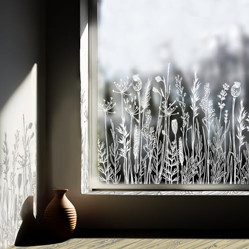Blume Gras Adhäsionsfolie Fenster, Neukids Weiß Pflanze Fenster Deko, Fensterfolie Muster Statische Fensterfolie, Fenstersticker Geeignet für Wohnzimmer Schlafzimmer Küche Bad Büro Kinderzimmer
