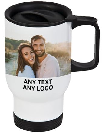 Personalised Travel Mug White 14oz with Handle & Lid – Custom Stainless Steel Mug with Photo, Text or Logo, Reusable Thermos for Hot Drinks – Gift for Mum, Dad, Colleagues, Birthdays, Work & Adventure