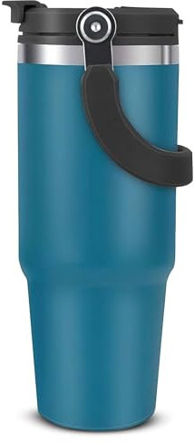 Sanda Blue Travel Mug with Handle 30oz 900ml Double Wall Stainless Steel Insulated Water Bottles Tumbler with Straw 2-in-1 Leakproof Lid for Cold and Hot Drinks Portable Travel Coffee Mug