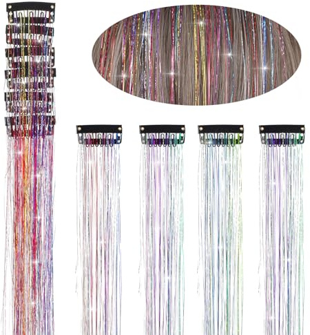 12 Stück Hair Tinsel Glitzer Haarsträhnen Bunt Strähnen Haarschmuck Mädchen | Kinder Haarteil Tinsel, Glitzersträhnen für Haare, Haarverlängerungen Haarsträhnen zum Einklipsen für Damen Party Deko