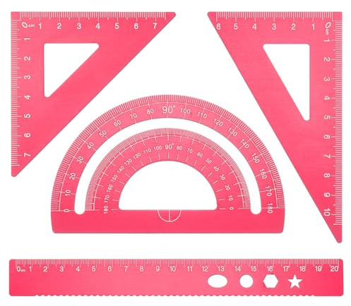 PATIKIL Set di Squadra Triangolare, Righello Metrico da 20cm in Alluminio, Squadra Triangolare 45°60° e Goniometro, 4Pz, Rosa