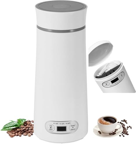 FUOBECIE Travel Electric Kettle, 350ML Portable Small Coffee Tea Heater Kettle, 3 Variable Temperature Presets Mini Kettle, 304 Stainless Steel Water Boiler with Hidden Storage Base for Home, Work