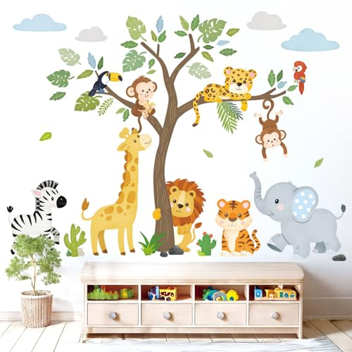 DECOWALL SG2-2418 Wandtattoos mit Safaritieren und Bäumen Dschungel-Dekorationen Babyzimmer Spielzimmer Klassenzimmer abziehen und aufkleben abnehmbar Kinderzimmer Schlafzimmer Kinder Wald