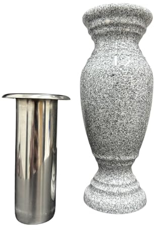 Memorial Cemetery Flower Vase - Real Granite (Grey Granite), with Stainless Steel Inner, Grave Marker, Decorations for Gravesite, Headstone Flowers Holder, Garden Lawn & Yard