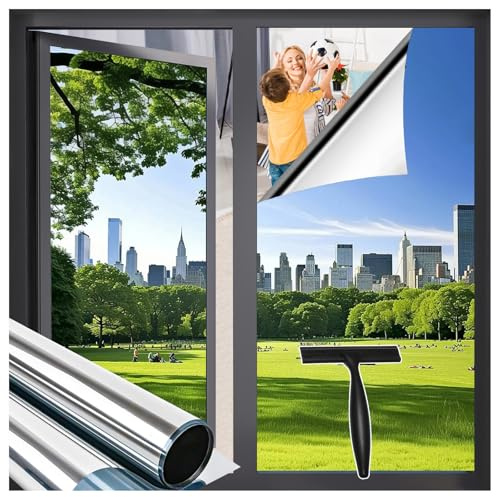 Zindoo Hitzeschutzfolie Sonnenschutzfolie Spiegelfolie Silber 75x200cm | Fensterfolie von Innen Durchsichtig von aussen Blickdicht Tageszeit, Thermofolie, UV-Schutz, Rückstandslos Entfernbar