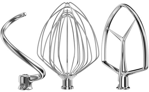 Stainless Steel Stand Mixer Attachments 3-Piece for KitchenAid 7 Qt Tilt Head Stand Mixer. Includes 20 Wire Whisk, Flat Beater, Dough Hook for KitchenAid 7 Qt Mixer Bowl