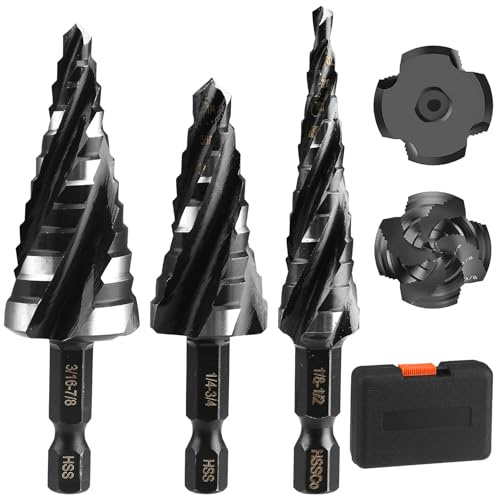 Step Drill Bit Set, 3 PCS Four Spiral Flute Step Bits for Metal, 34 Sizes Titanium-Coated HSS Drill Bits with 1/4 Hex Shank for Metal, Aluminum, Wood, Plastic