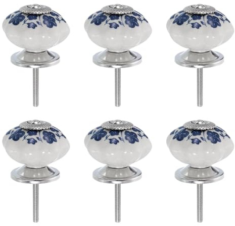 QUARKZMAN 6 Stück Blumen Möbelknöpfe Keramik, Blaue Blumen Runde | Schrankknöpfe Vintage, Keramikknöpfe für Möbel mit Schrauben für Kommode, Schubladen, Türknöpfe, Küchenschrank