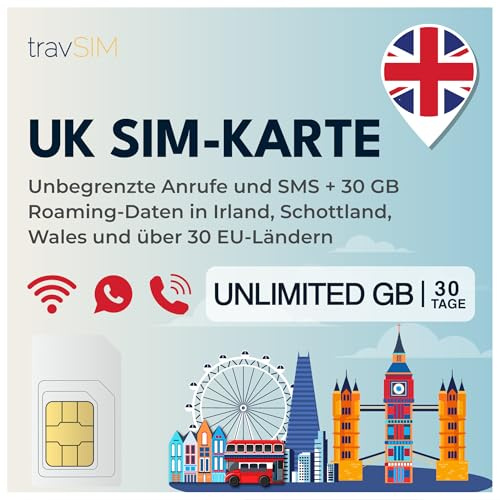 travSIM UK SIM Karte | Unbegrenzte Daten, Anrufe und SMS innerhalb Großbritanniens | 30 GB Roaming in über 30 EU-Ländern, darunter Irland, Schottland und Wales | SIM Karte UK ist 30 Tage lang gültig