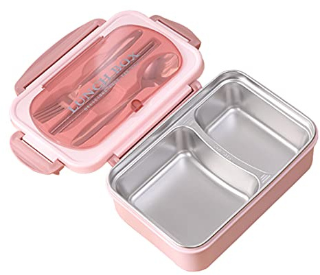 Tudaheuiy Fiambrera con 2 Compartimentos y Cubiertos, Lunch Box Adulto Acero Inoxidable Lunch Box Portátil Fiambrera Hermetica Comida Trabajo Escuela Picnic Microondas(Rosa)