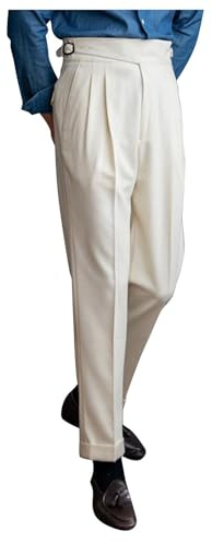 Foweknow Gurkha para hombre de cintura alta, rectos, diseño de espiga, traje vintage italiano, pantalones de Nápoles, sin cinturón, ajuste estrecho, pantalón