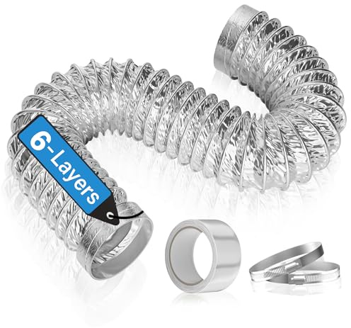 Hon&Guan 100mm Aluminum Flexible Ducting Vent Hose 6 Layer Thickened, Hardened Edge Design Exhaust Hose, Heat-Resistant Aluminum Duct Pipe Length 1.5m for Cooker Hood, Tumble Dryer, Duct Fan, Kitchen