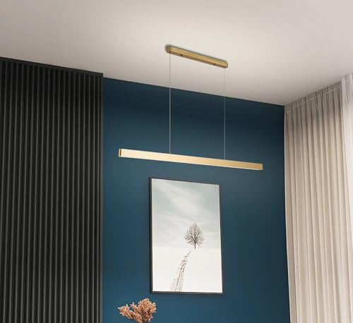 Esszimmerlampe LED Pendelleuchte Modern Länge Dimmbar Hängeleuchte 3000K-6000K Fernbedienung Hängelampe für Esstisch Bar Büro Kronleuchter Minimalistisch Höhenverstellbar Leuchte (Gold, L100cm)