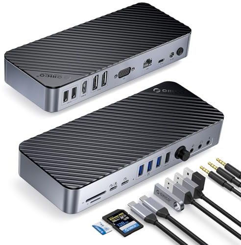 ORICO 20 EN 1 Docking Station, Triple Displays Hub USB C con 2 DP, HDMI, VGA, 60W PD, USB C 3.2 18W PD, Tipo C 3.2, 3 USB A 3.0, 3 USB A 2.0, RJ45, 3 Audio, SD/TF, Botón Volumen