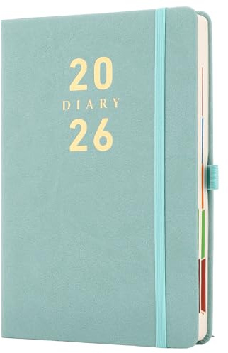 Mljtoyo 2026 Tagebuch A5 Seite pro Tag, Tagesplaner 2026 Terminkalender von Jan 2026 bis Dez 2026, Organizer Hardcover mit farbigen Reitern, Stifthalter, Innentasche, 400 elfenbeinfarbene dicke Seiten