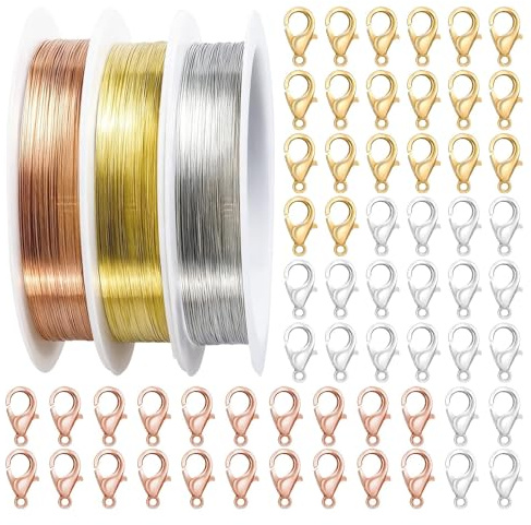 3PCS Jewellery Wire, 0.3mm Copper Craft Wire for Beading & Wrapping | Copper Wire For Beading And Wrapping, 3 Rolls With 60 Connectors, Silver Gold Copper, DIY Crafts